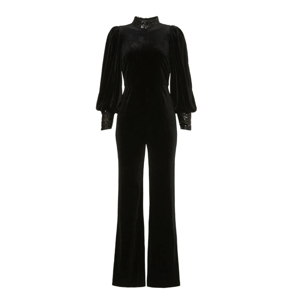 Badgley Mischka Black Velvet Jumpsuit SIZE 10 Cocktail Soft Sequin Designer $630 - Picture 4 of 11